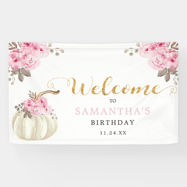 Little Pumpkin Pink Floral Birthday Welcome Banner (Horizontal)