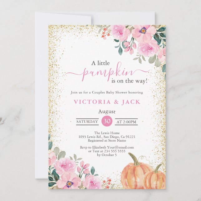 Little Pumpkin Pink Floral Fall Baby Shower Invitation (Front)