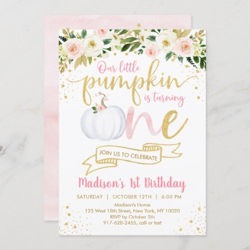 Little Pumpkin Pink Floral First Birthday Invitation