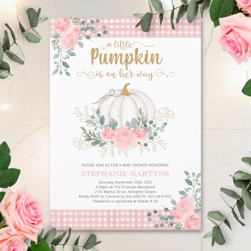 Little Pumpkin Pink Floral Gingham Baby Shower Invitation