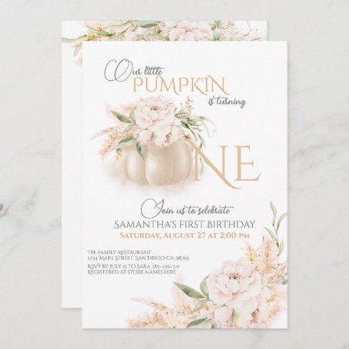 Little pumpkin pink floral girl 1st birthday invitation