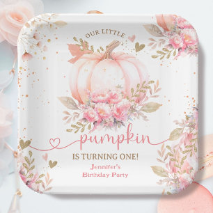 Little Pumpkin Pink Floral Girl Fall 1st Birthday Paper Plates