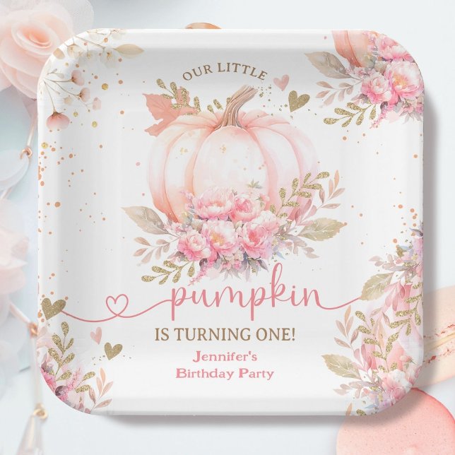 Little Pumpkin Pink Floral Girl Fall 1st Birthday Paper Plates (Creator Uploaded)