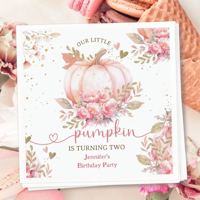Little Pumpkin Pink Floral Girl Fall 2nd Birthday Napkins (Creator Uploaded)