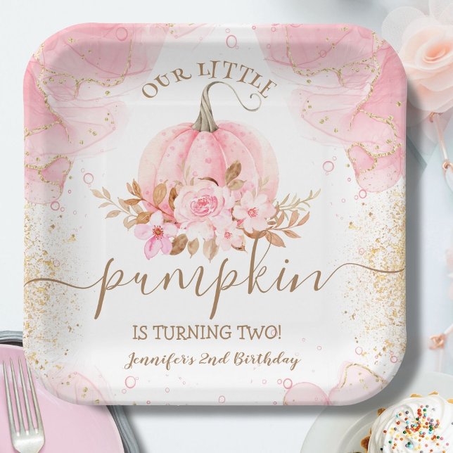 Little Pumpkin Pink Floral Girl Fall 2nd Birthday Paper Plates (Creator Uploaded)