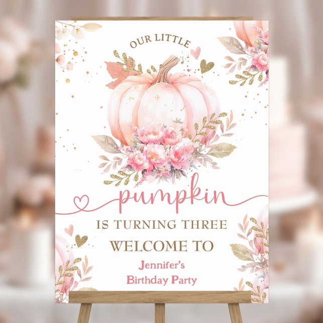 Little Pumpkin Pink Floral Girl Fall 3rd Birthday Foam Board (Creator Uploaded)