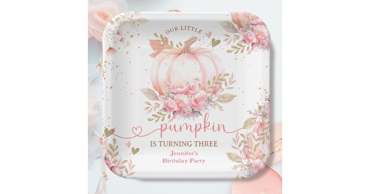 Little Pumpkin Pink Floral Girl Fall 3rd Birthday Paper Plates | Zazzle