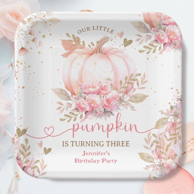 Little Pumpkin Pink Floral Girl Fall 3rd Birthday Paper Plates (Creator Uploaded)
