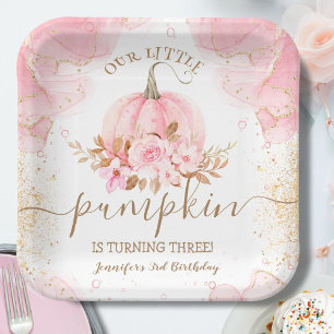 Little Pumpkin Pink Floral Girl Fall 3rd Birthday Paper Plates