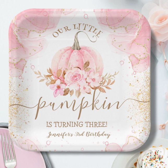 Little Pumpkin Pink Floral Girl Fall 3rd Birthday Paper Plates (Creator Uploaded)