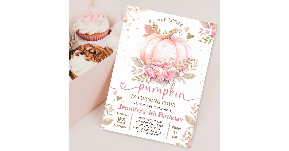 Little Pumpkin Pink Floral Girl Fall 4th Birthday Invitation | Zazzle