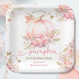 Little Pumpkin Pink Floral Girl Fall 4th Birthday Paper Plates