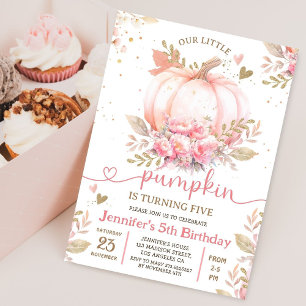 Little Pumpkin Pink Floral Girl Fall 5th Birthday  Invitation