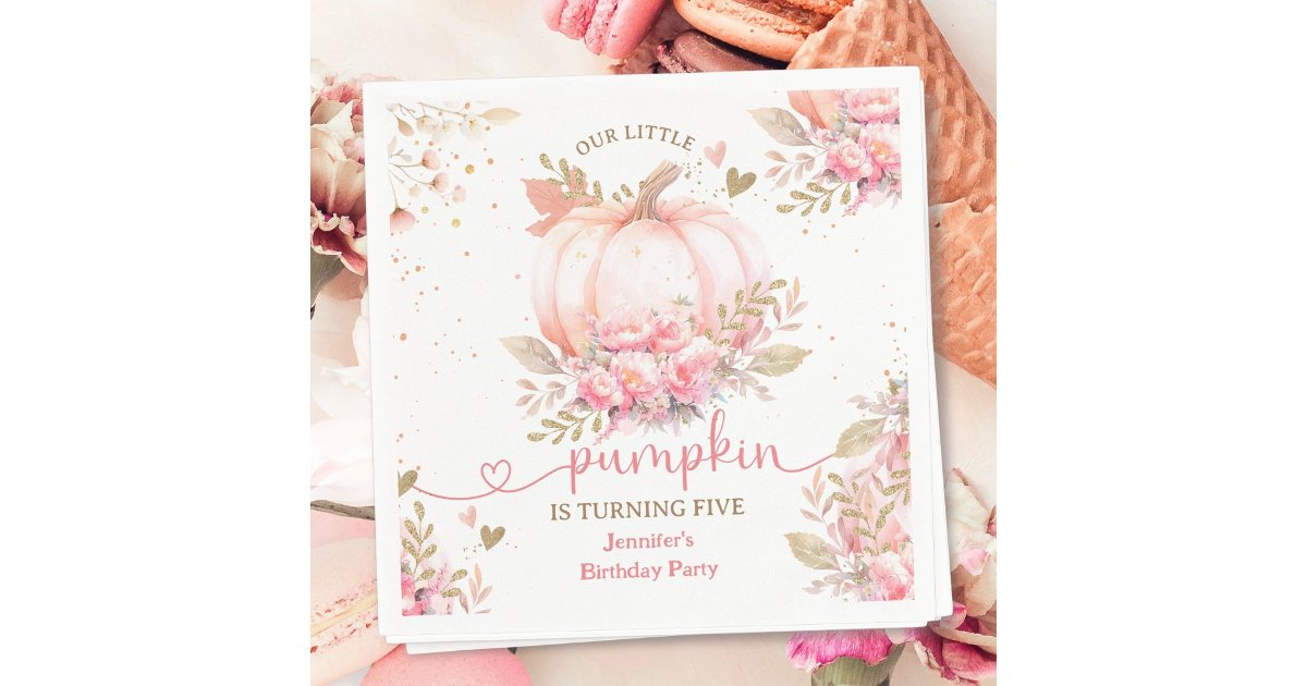 Little Pumpkin Pink Floral Girl Fall 5th Birthday Napkins | Zazzle