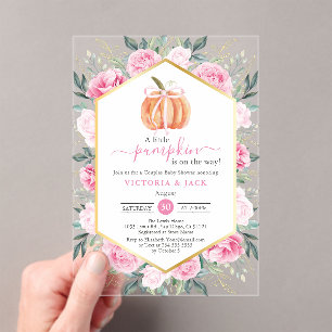 Little Pumpkin Pink Floral Leaves Fall Baby Shower Acrylic Invitations