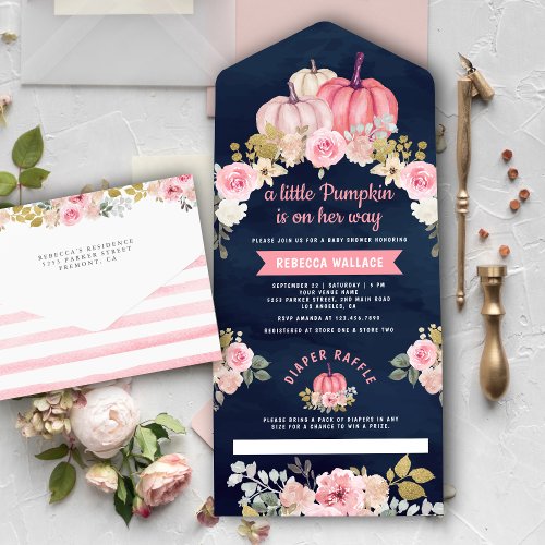 Little Pumpkin Pink Floral Navy Blue Baby Shower All In One Invitation