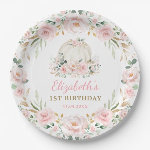 Little Pumpkin Pink Floral Wreath Girls Birthday Paper Plates