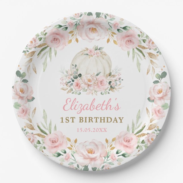 Little Pumpkin Pink Floral Wreath Girls Birthday Paper Plates (Front)