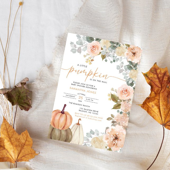 Little Pumpkin Pink FloralFall Baby Shower  Invitation (Creator Uploaded)