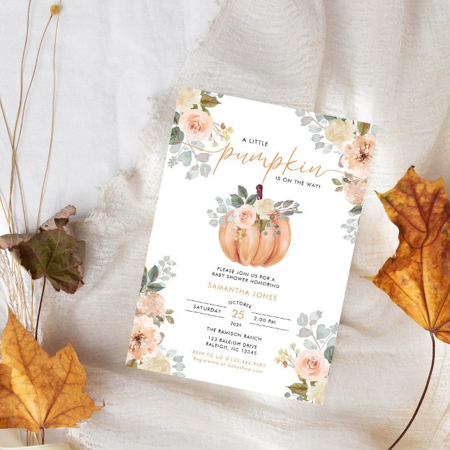 Little Pumpkin Pink FloralFall Baby Shower  Invitation (Creator Uploaded)