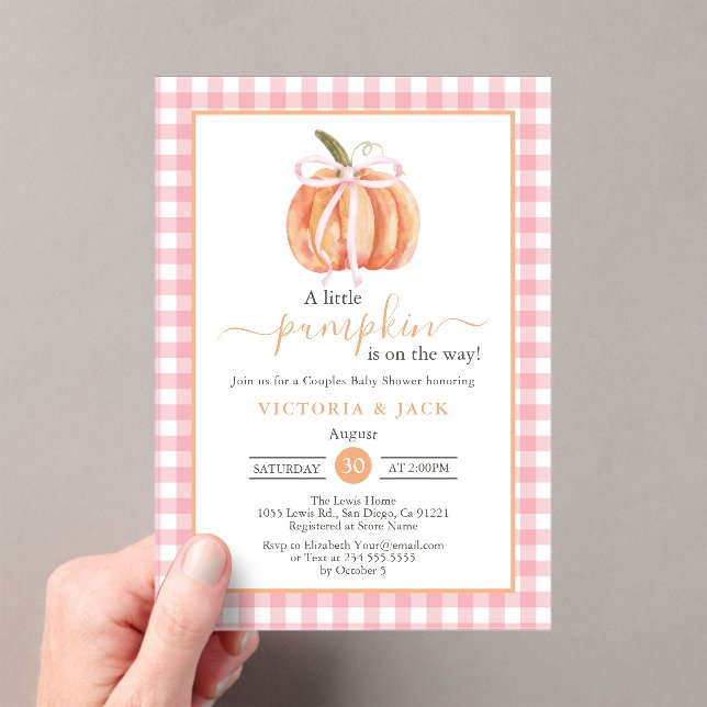 Little Pumpkin Pink Gingham Fall Baby Shower Acrylic Invitations (Insitu (Handheld))