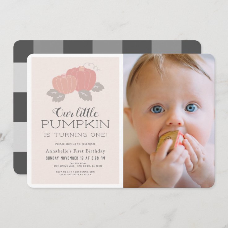 Little Pumpkin Pink Gingham Photo 1st Birthday Invitation | Zazzle