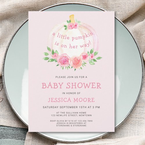 Little Pumpkin Pink Girl Baby Shower Invitation