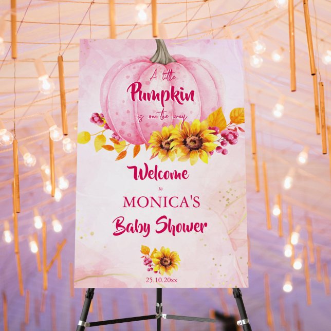 Little pumpkin pink girl baby shower welcome sign (Little pumpkin baby shower welcome sign pink pumpkin sunflowers fall themed baby shower decor)