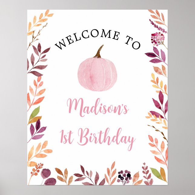 Little Pumpkin Pink Girl Boho Birthday Welcome Poster (Front)