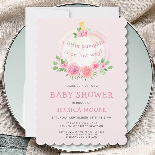 Little Pumpkin Pink Girls Baby Shower Invitation