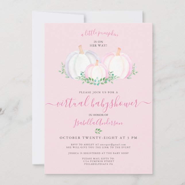Little Pumpkin Pink Girl's Virtual Baby Shower Invitation (Front)