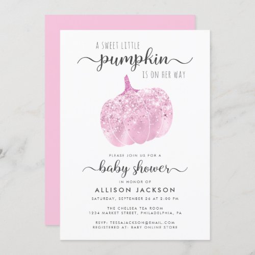 Little Pumpkin Pink Glitter Sparkle Baby Shower Invitation