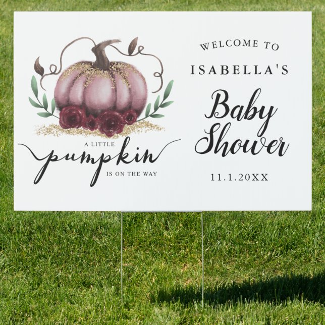 Little Pumpkin Pink Gold Baby Shower Welcome Yard Sign (Insitu)