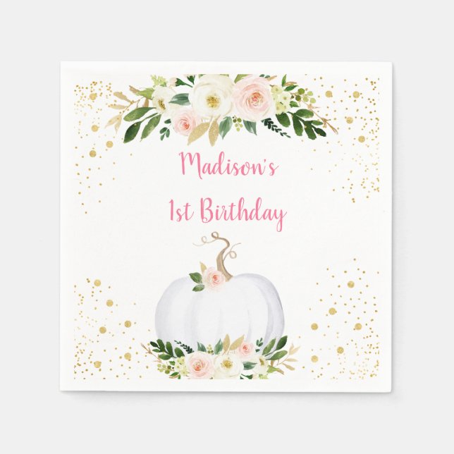 Little Pumpkin Pink Gold Birthday Napkins (Front)