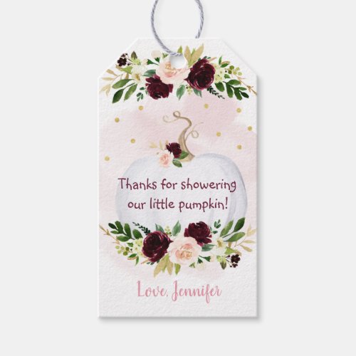 Little Pumpkin Pink Gold Burgundy Baby Shower Gift Tags