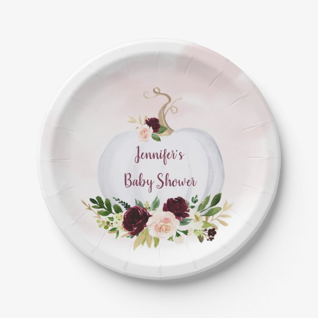 Little Pumpkin Pink Gold Burgundy Baby Shower Paper Plates (Front)