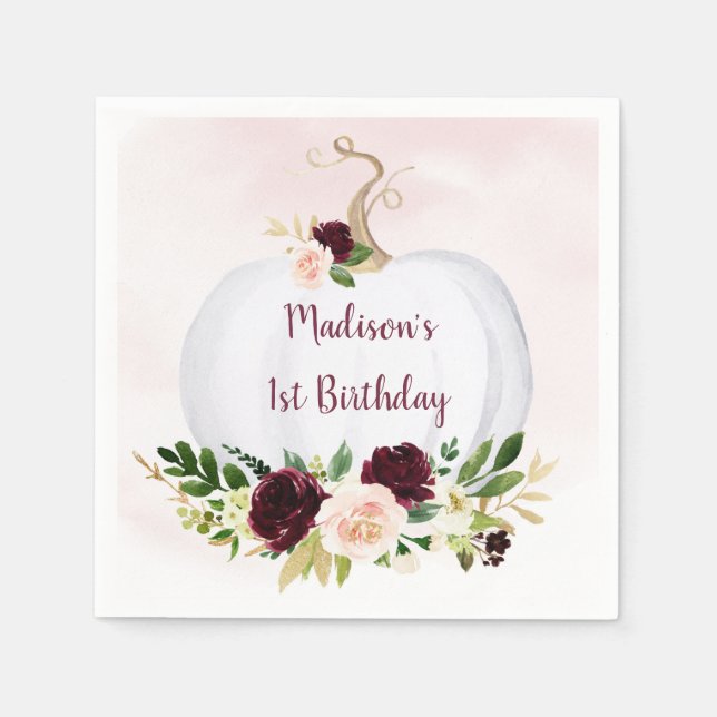 Little Pumpkin Pink Gold Burgundy Birthday Napkins (Front)