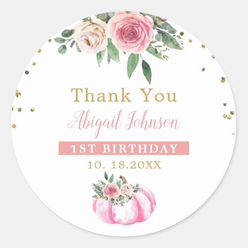 Little Pumpkin Pink Gold Floral 1st Birthday Favor Classic Round Sticker