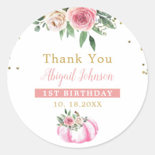 Little Pumpkin Pink Gold Floral 1st Birthday Favor Classic Round Sticker