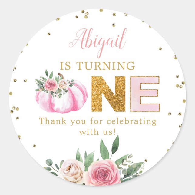 Little Pumpkin Pink Gold Floral 1st Birthday Favor Classic Round Sticker (Front)