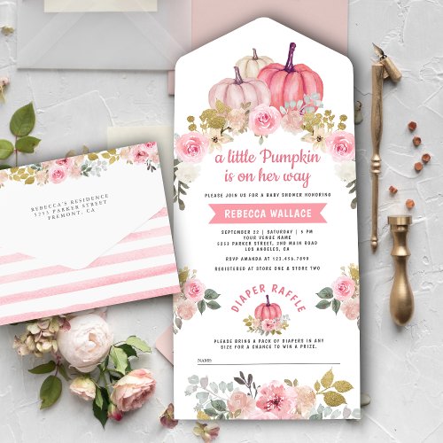 Little Pumpkin Pink Gold Floral Baby Shower All In One Invitation