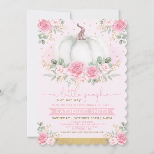 Little Pumpkin Pink Gold Floral Fall Baby Shower Invitation