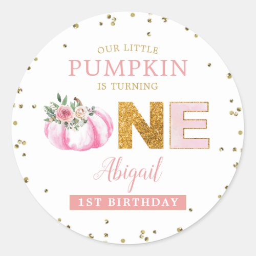 Little Pumpkin Pink Gold Floral Girl 1st Birthday Classic Round Sticker