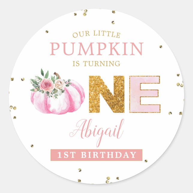 Little Pumpkin Pink Gold Floral Girl 1st Birthday Classic Round Sticker (Front)