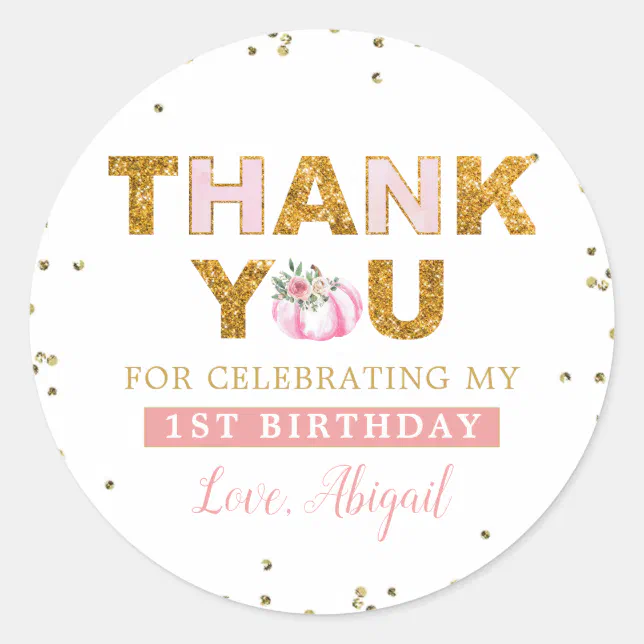 Little Pumpkin Pink Gold Floral Girl 1st Birthday Classic Round Sticker ...