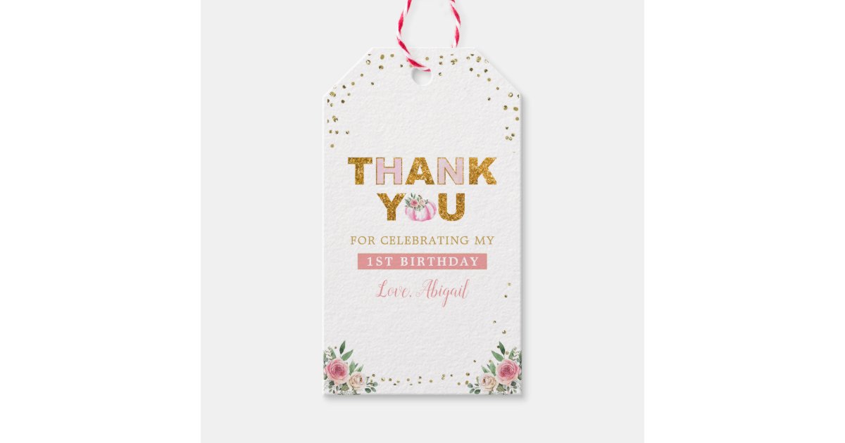 Little Pumpkin Pink Gold Floral Girl 1st Birthday Gift Tags | Zazzle