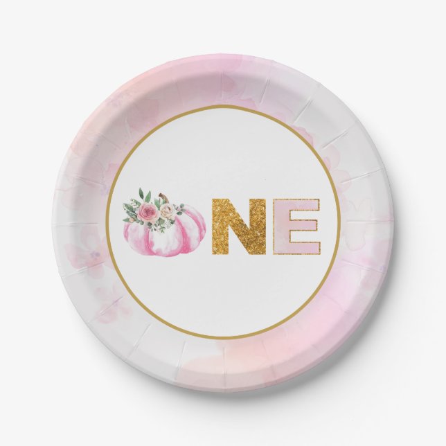 Little Pumpkin Pink Gold Floral Girl 1st Birthday Paper Plates (Front)
