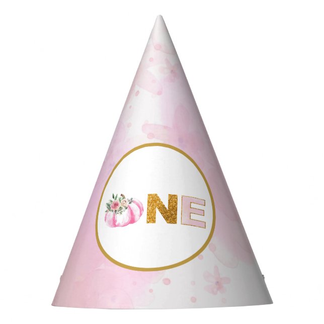 Little Pumpkin Pink Gold Floral Girl 1st Birthday Party Hat (Front)