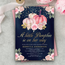 Little Pumpkin Pink Gold Floral Navy Baby Shower Invitation