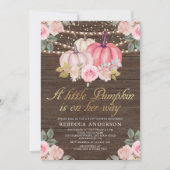 Little Pumpkin Pink Gold Floral Wood Baby Shower Invitation (Front)